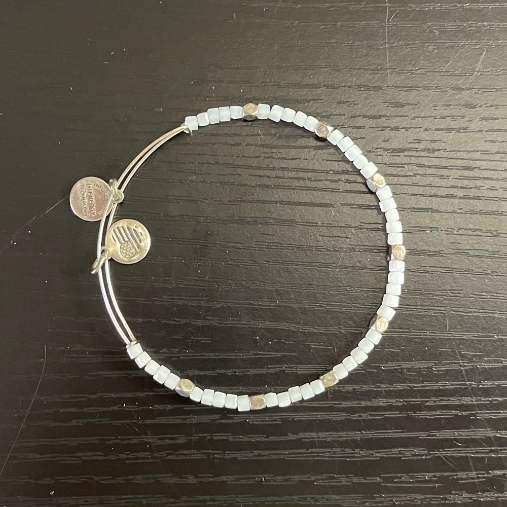 Alex and Ani silver tone white lightly iridescent bead bracelet